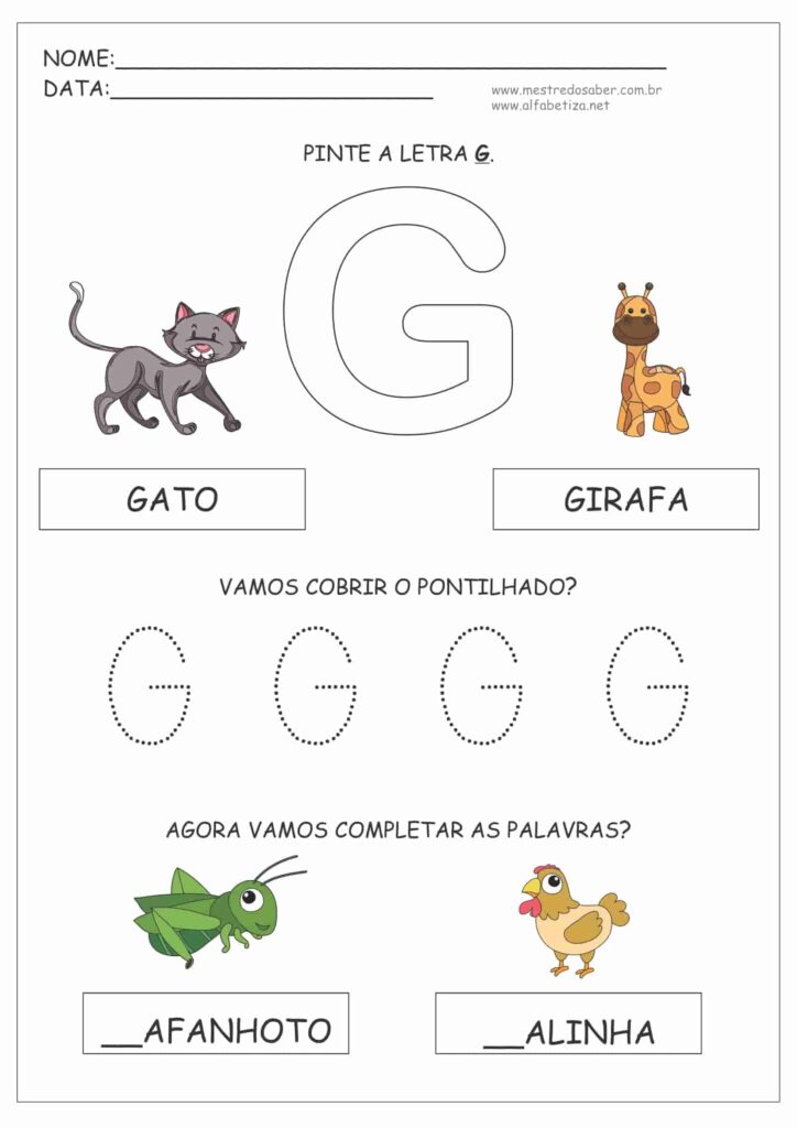 Letra G - Atividade sobre Alfabeto para Educação Infantil